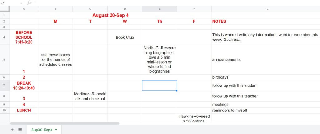 This Google Sheets Library Calendar is a great template for new school librarians needing to create a schedule.