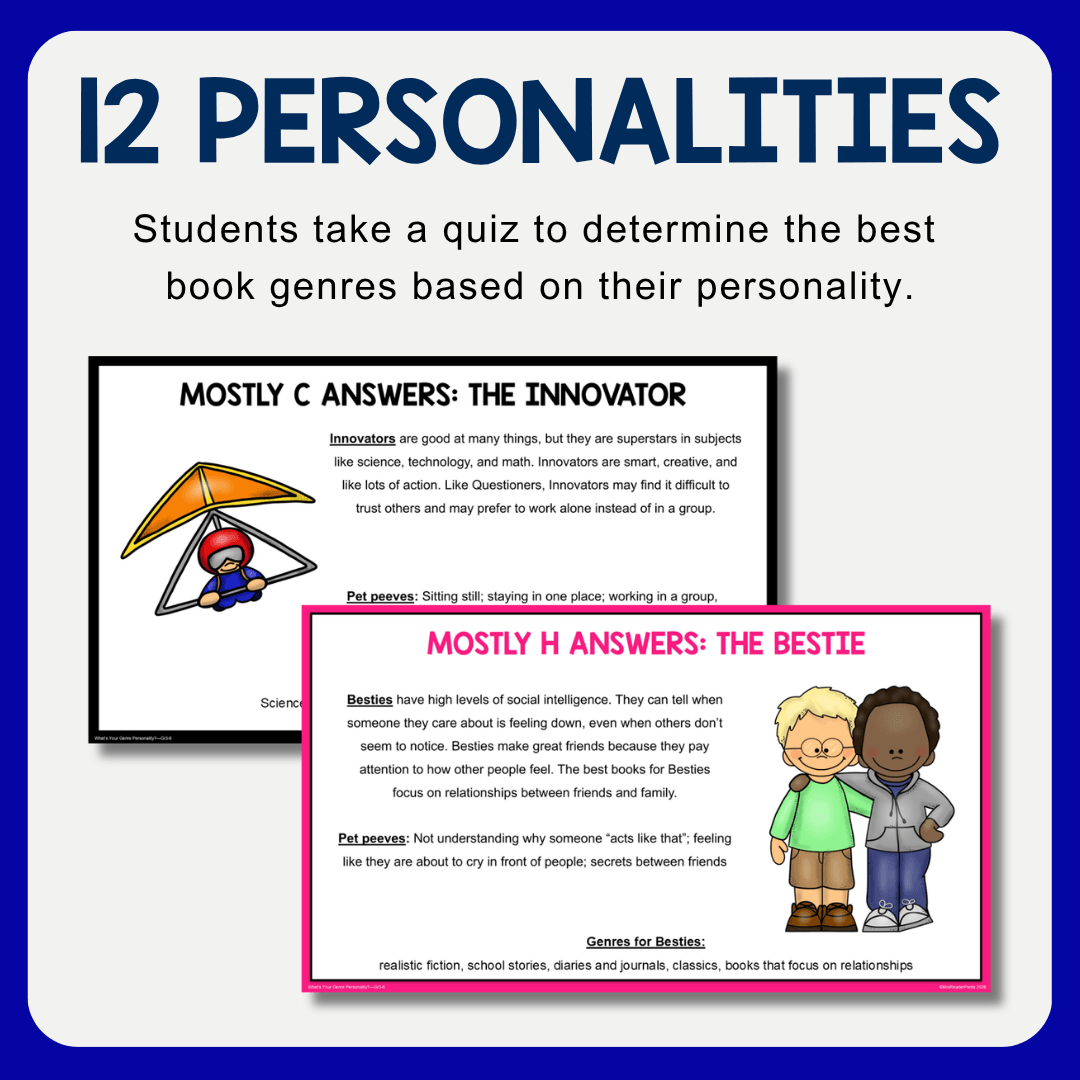 This Elementary Genre Personality Quiz is for Grades 3-6. Includes 12 Genre Personalities and everything you need to discover students' Genre Personalities in the library.