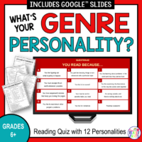 This Reading Genre Personality Test was designed for secondary library students (Grades 6+). There are 11 questions and 12 Genre Personalities. Includes Google Slides version.