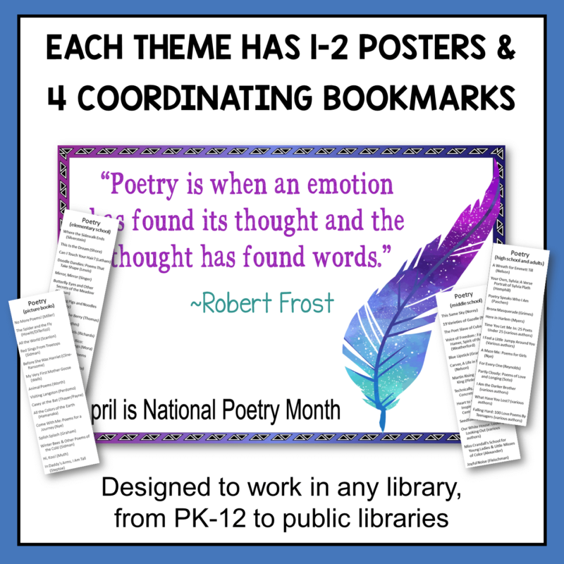 This set of April Library Display Posters includes at least one display poster for 9 themes, plus 4 readalike bookmarks for the 9 April themes.