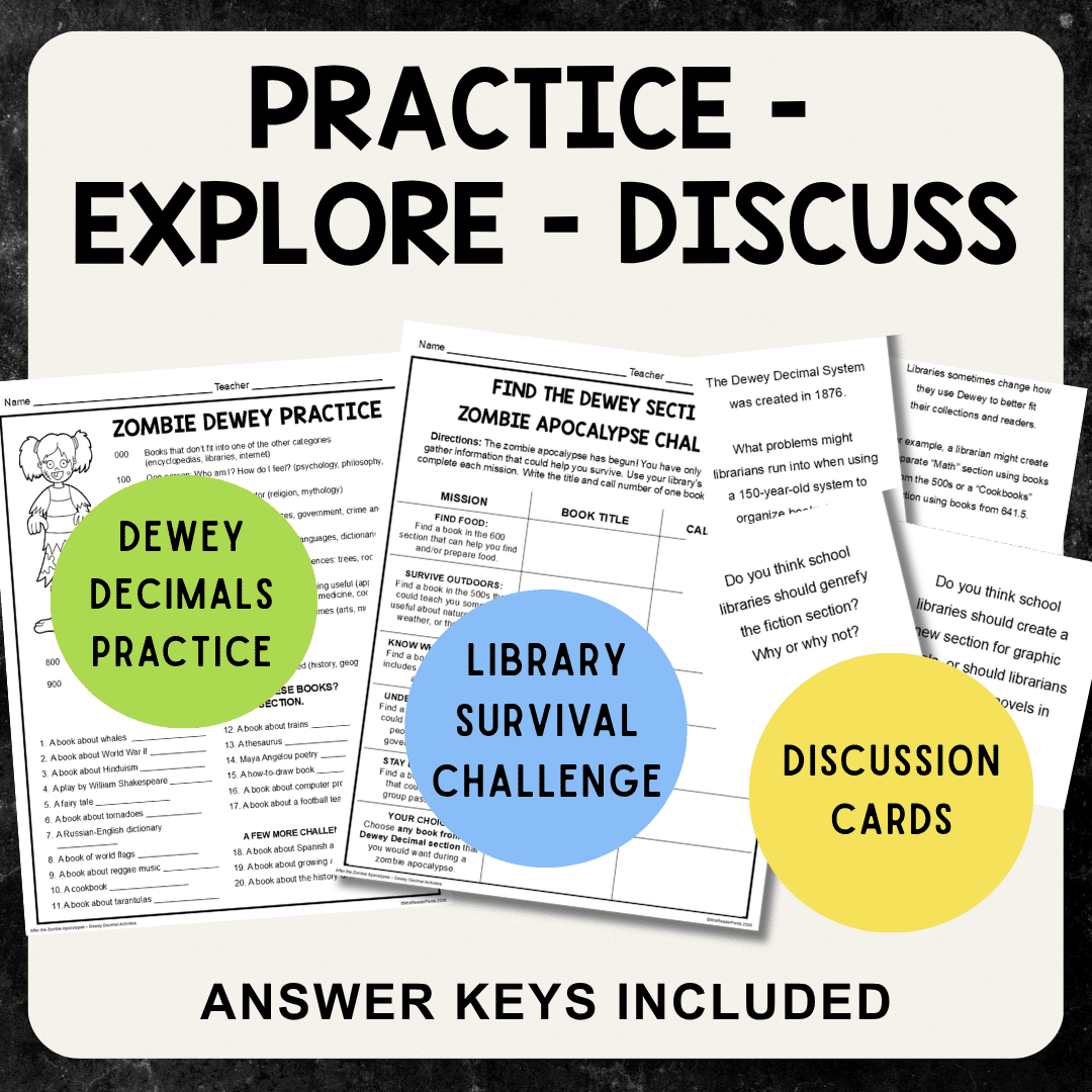 This Zombie Dewey Decimal System lesson includes a two-part presentation, printable activities, and discussion cards. Recommended for Grades 5-8.