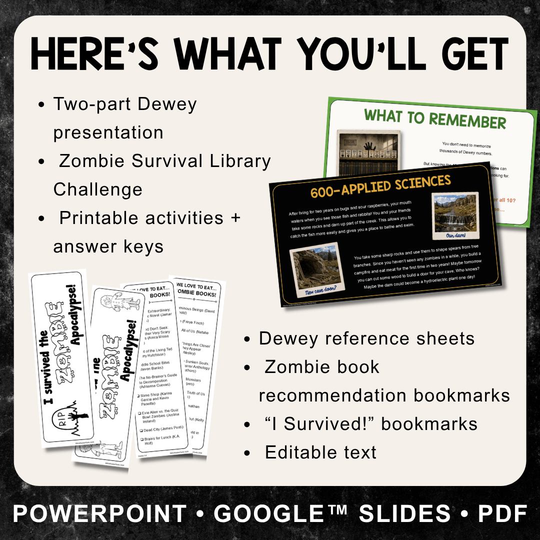 This Zombie Dewey Decimal System lesson includes a two-part presentation, printable activities, and discussion cards. Recommended for Grades 5-8.