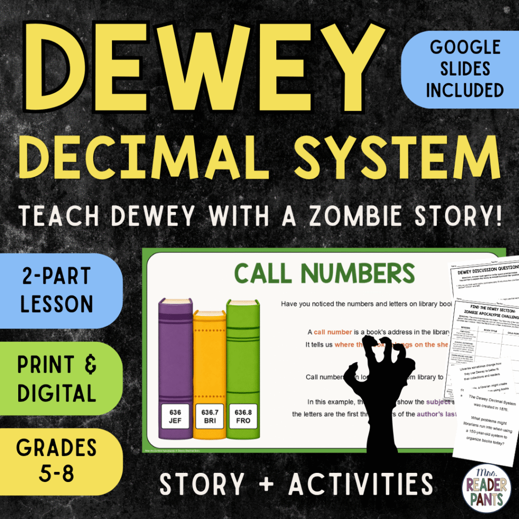This Zombie Dewey Decimal System library lesson includes a two-part presentation, printable activities, and discussion cards. Recommended for Grades 5-8.