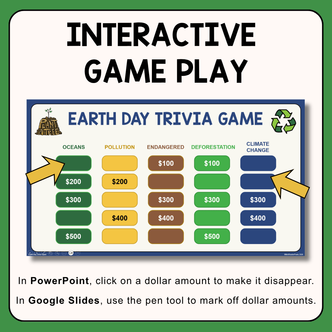 This Earth Day Trivia Game includes 25 questions and answers for Grades 4-7. Play in PowerPoint or Google Slides. All text is editable.