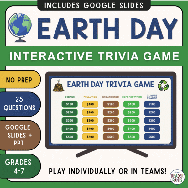 This Earth Day Trivia Game includes 25 questions and answers for Grades 4-7. Play in PowerPoint or Google Slides. All text is editable.