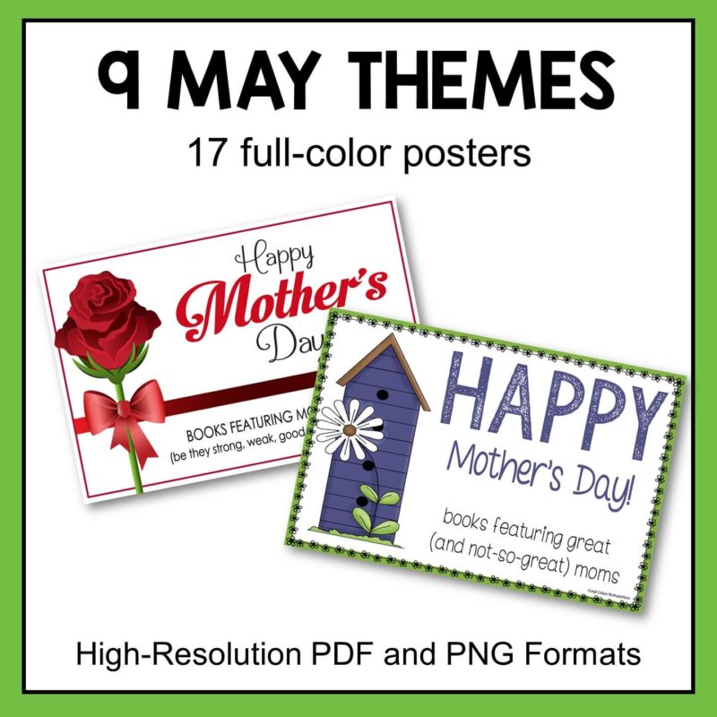 These library book display posters for May include 9 themes. Celebrations include Wear Purple for Peace Day, Mother's Day, V-E Day, Asian-American and Pacific Islander Heritage Month, and more!