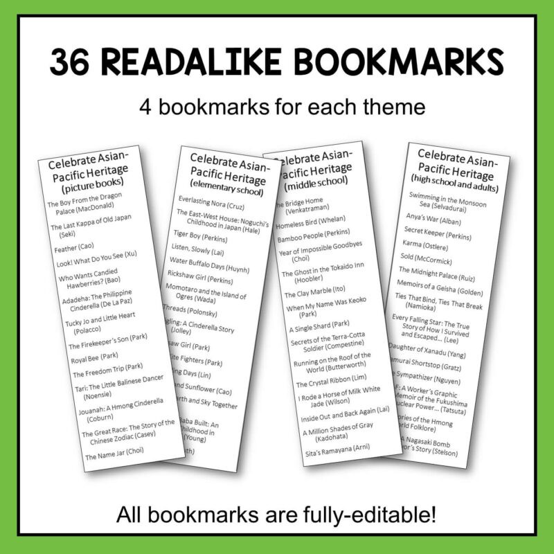 Each theme in this set of library book display posters includes 4 readalike bookmarks: picture books, elementary, middle school, and high school titles.