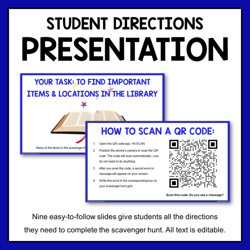 This Library Orientation Scavenger Hunt includes a slide presentation to explain the activity to students.
