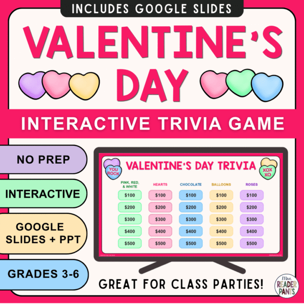 This Valentine's Day Trivia Game is for Grades 3-6. Now includes both PowerPoint AND Google Slides class party games!