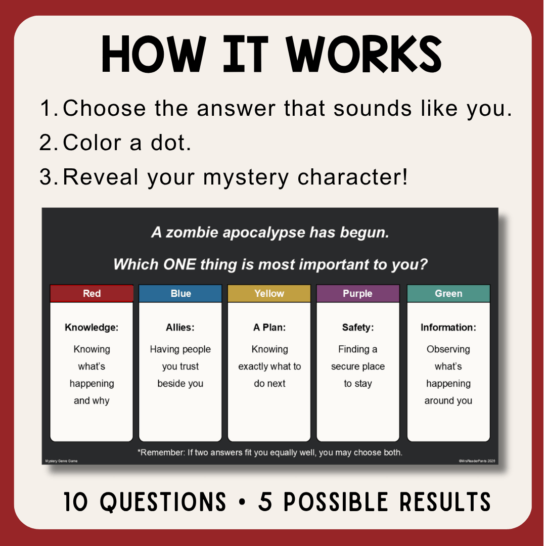 This Mystery Genre Game is perfect for middle school library time. Recommended for Grades 5-8.