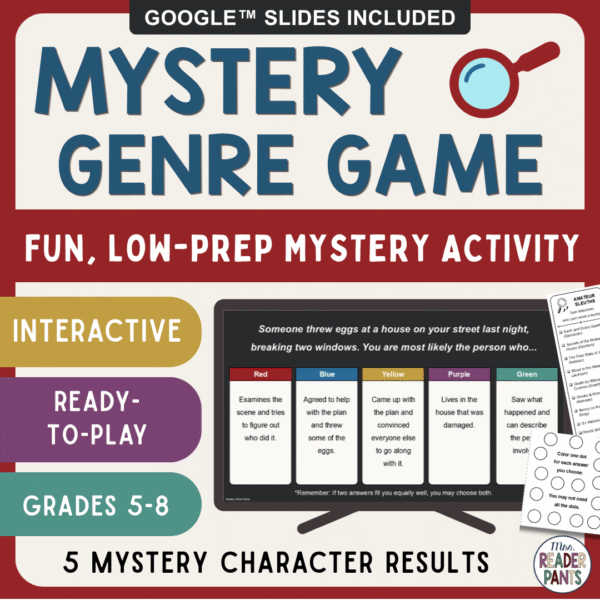 This Mystery Genre Game is perfect for middle school library time. Recommended for Grades 5-8.
