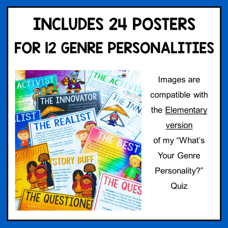 These Elementary Genre Personality Posters are for libraries serving Grades 3-6. They are a companion resource for my Elementary Genre Personality Quiz.