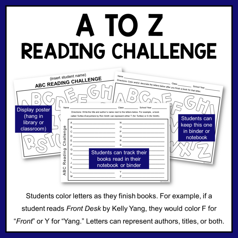 This is a set of three Reading Challenges. They make great reading log alternatives for Grades 4-8. This image shows the A to Z Reading Challenge.