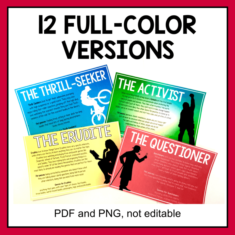 This is a set of 24 Genre Personality posters. Each Genre Personality includes two poster designs. This set is for secondary libraries serving Grades 6+.