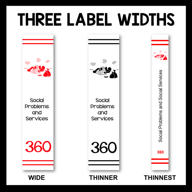 The Dewey Decimal Shelf Labels include three widths.
