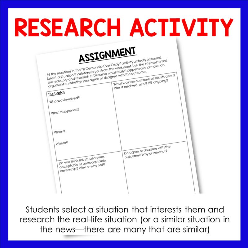 This Real World Censorship discussion activity includes a research activity for students to record their thoughts on the current events featured in the activity.