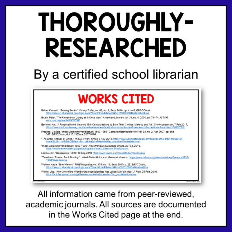 This History of Censorship presentation includes was thoroughly-researched using Academic Premier Pro and EBSCO databases from Brooklyn Public Library. Every event includes information sources in the slide notes. Also includes Works Cited.