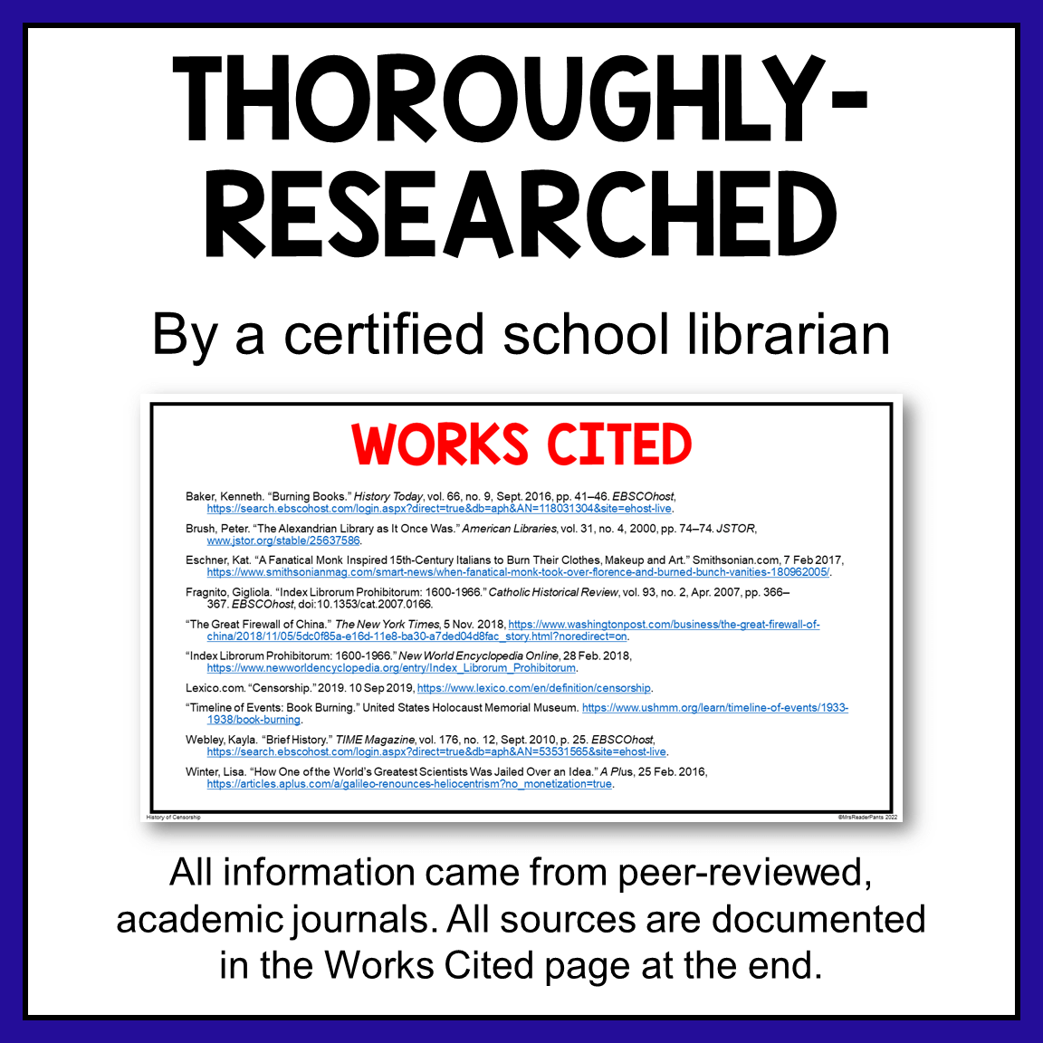 This History of Censorship presentation includes was thoroughly-researched using Academic Premier Pro and EBSCO databases from Brooklyn Public Library. Every event includes information sources in the slide notes. Also includes Works Cited.