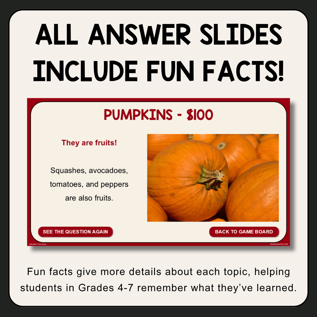 This Halloween Trivia Game is great for upper-elementary and middle school class parties. Created for Grades 4-7.