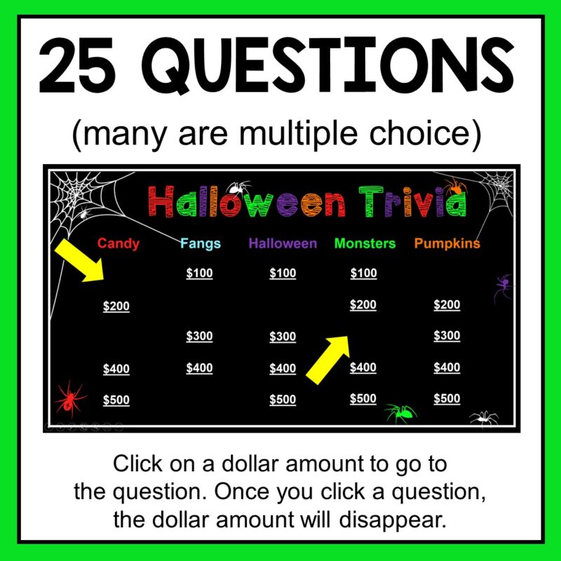 Halloween Trivia Game for Grades 5-8. Categories include Candy, Monsters, Halloween, Pumpkins, and Fangs.