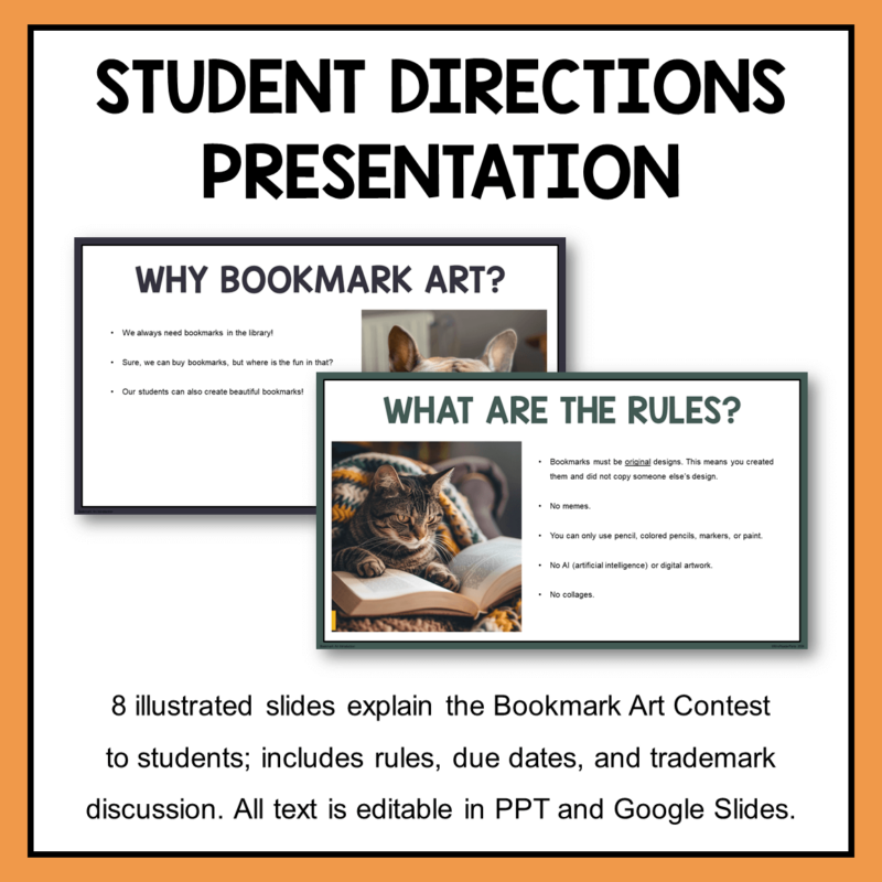 This Bookmark Art Contest Starter Kit has everything you need to start a Bookmark Contest at your school. Includes a student directions and rules presentation.