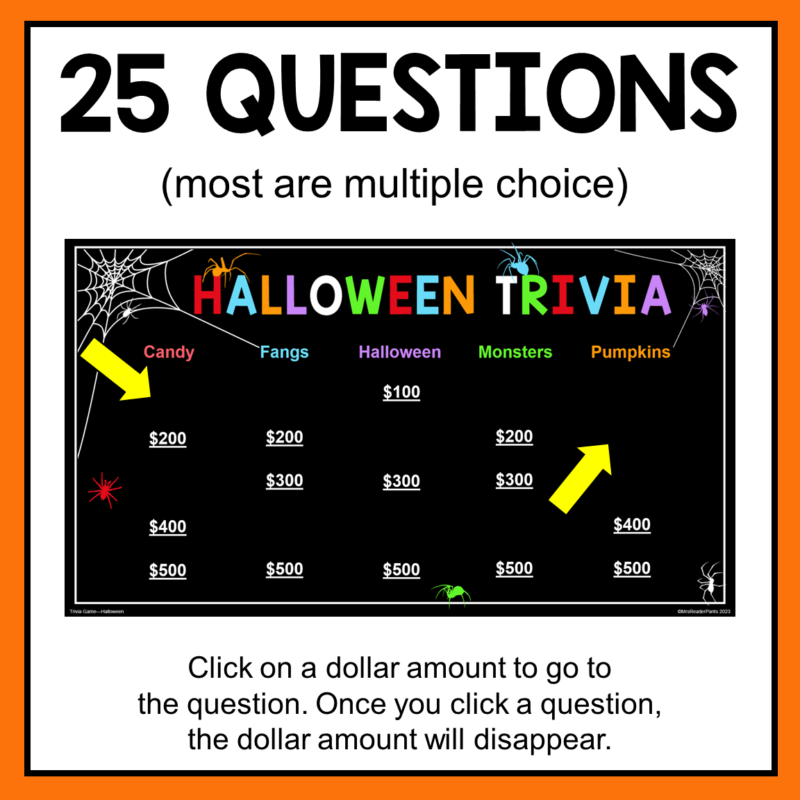 This Halloween Trivia Game includes 25 question and 25 answer slides, plus a game board and student instructions.