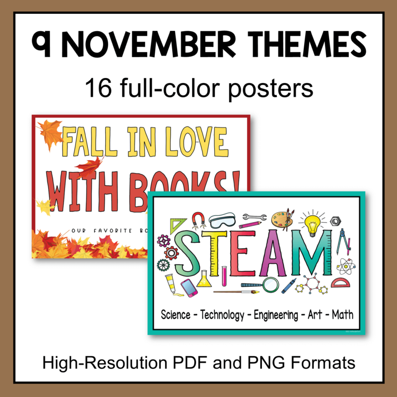This set of November Library Display Posters includes nine November library themes.