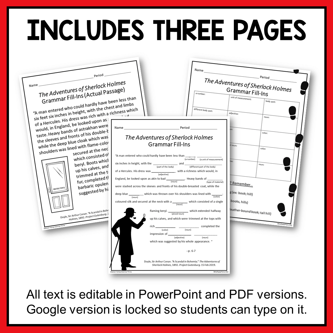 This Sherlock Holmes Grammar Activity includes 3 pages in three formats: PPT, PDF, and Google Slides. The PPT and PDF versions have editable text.