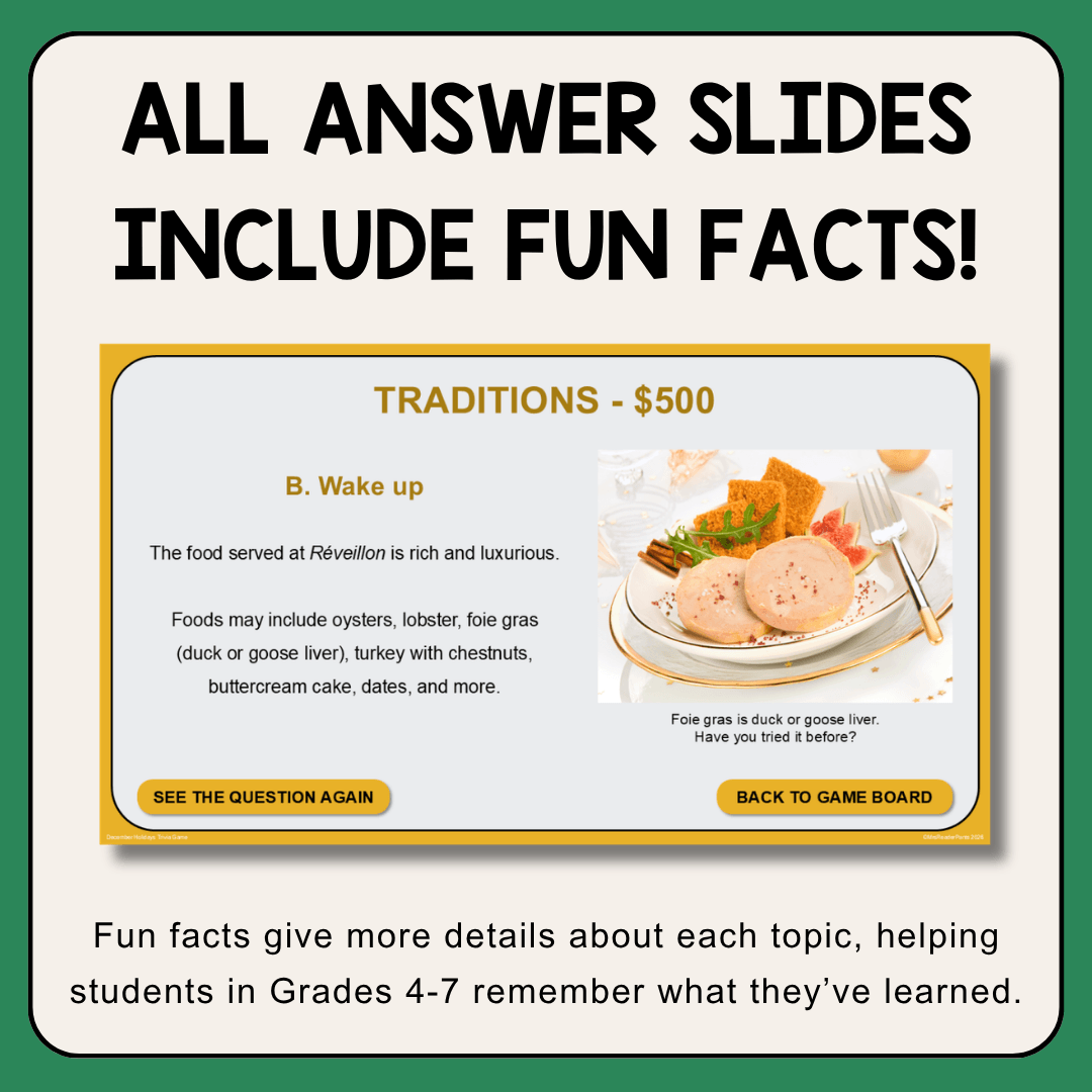 This December Holidays Trivia Game is great for Grades 4-7. Includes 5 holiday categories about holiday movies, traditions, foods, and more!