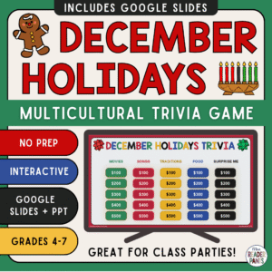 This December Holidays Trivia Game is great for Grades 4-7. Includes 5 holiday categories about holiday movies, traditions, foods, and more!