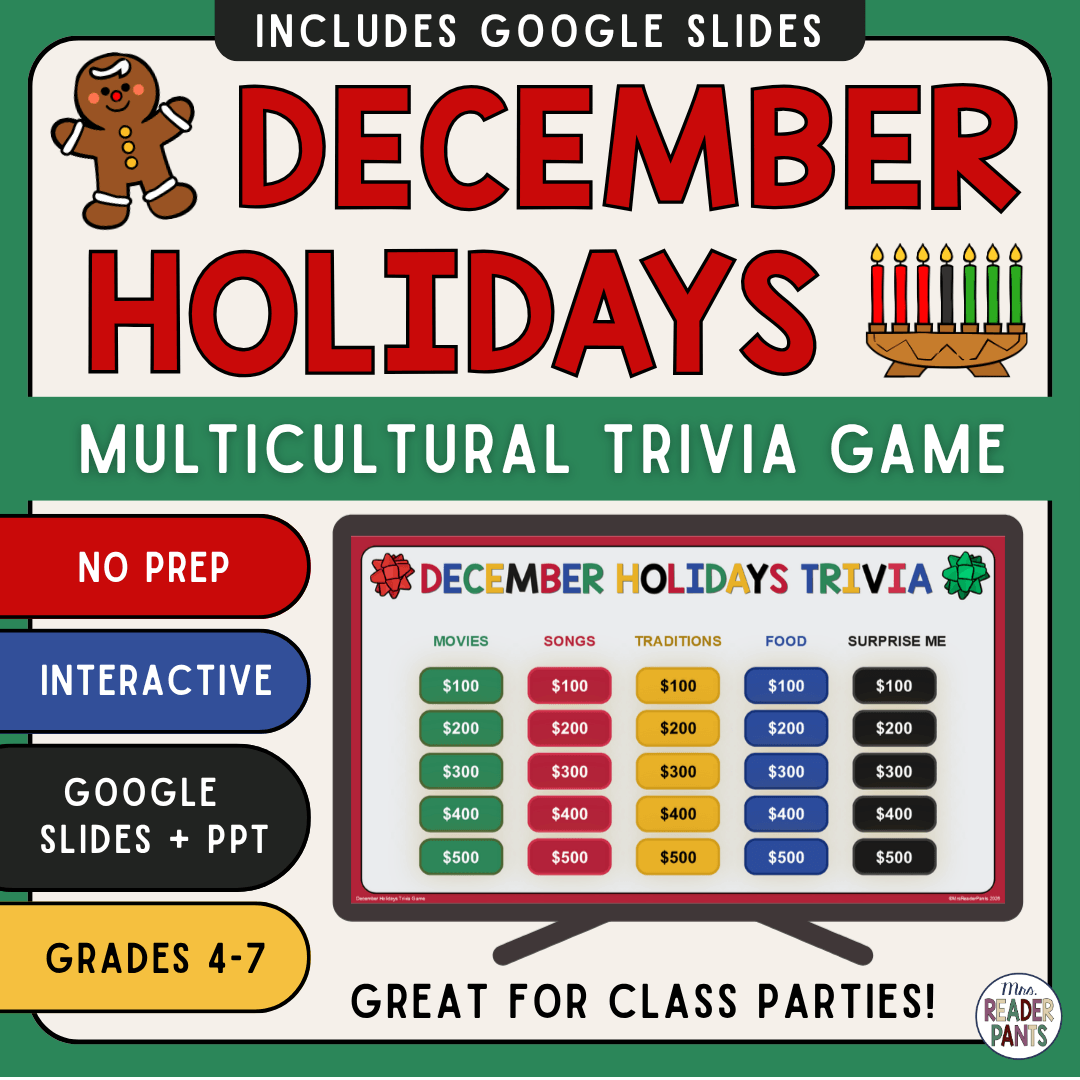 This December Holidays Trivia Game is great for Grades 4-7. Includes 5 holiday categories about holiday movies, traditions, foods, and more!