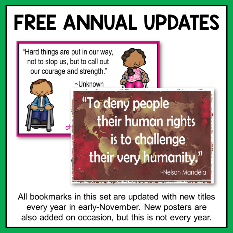 This set of December Library Display Posters comes with free annual updates. Watch for update announcements via the MrsReaderPants Facebook page every year in early-November. Then, just redownload the file to get the updates for free.