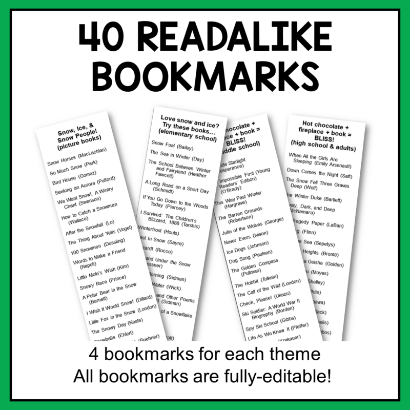 This set of December Library Display Posters includes 40 readalike bookmarks.