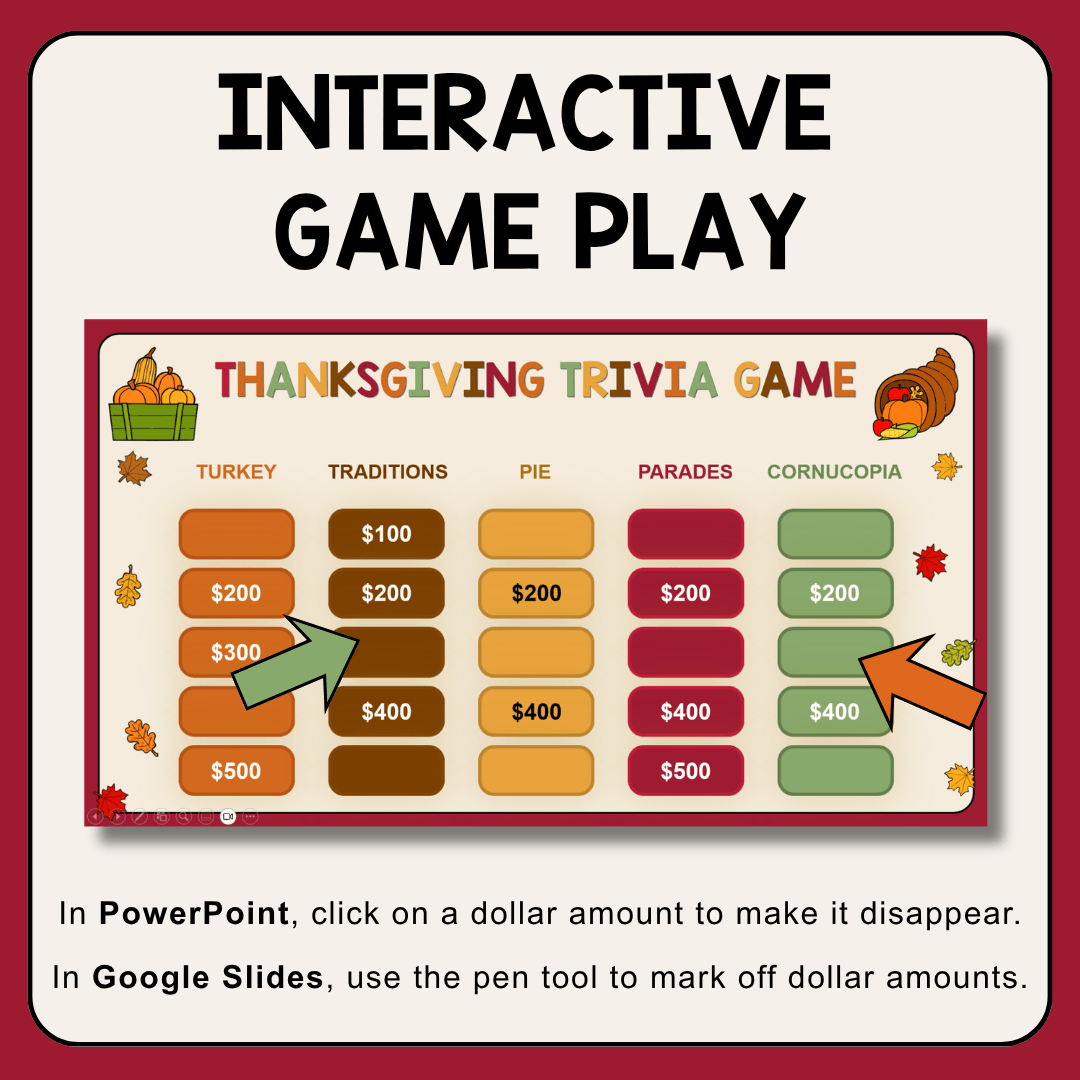 This Thanksgiving Trivia Game is for Grades 4-7. Play in PowerPoint and Google Slides.