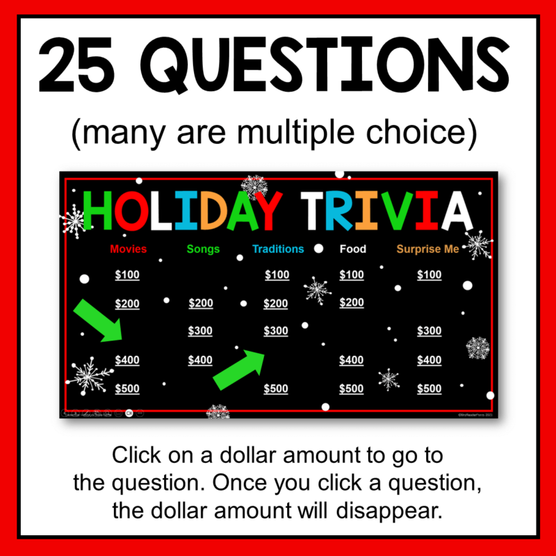 This Winter Holidays Trivia Game is recommended for Grades 4-7. Includes 25 questions and answers. Many questions are multiple choice.