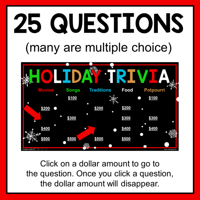 This Winter Holidays Trivia Game includes 25 questions in 5 winter holiday themed categories.
