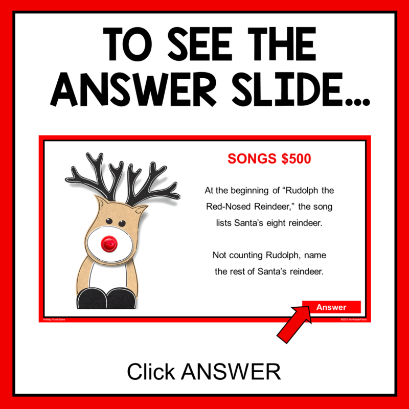 This Winter Holidays Trivia Game includes question and answer slides.