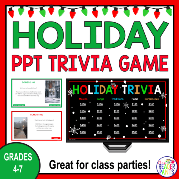 This Winter Holidays Trivia Game is recommended for Grades 4-7. Great for class parties!
