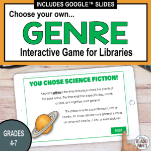 This Library Genre Game is interactive! It's a Choose Your Own Genre format, which asks students to pick from six common library book genres. Recommended for Grades 4-7.