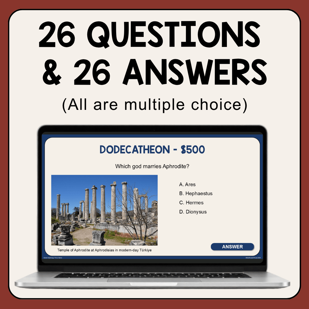 This Greek Mythology Trivia Game is for Grades 4-7. It includes a pre-game activity to help students learn the answers before playing.