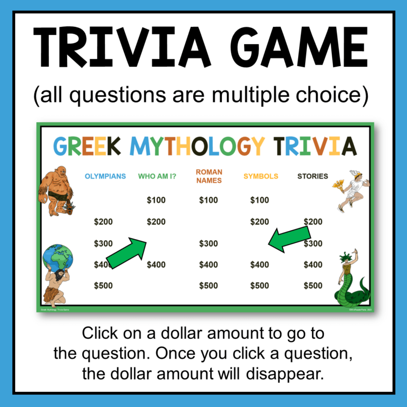 The Greek Mythology Trivia Game includes 25 question slides + 25 answer slides. Everything is linked to the gameboard.