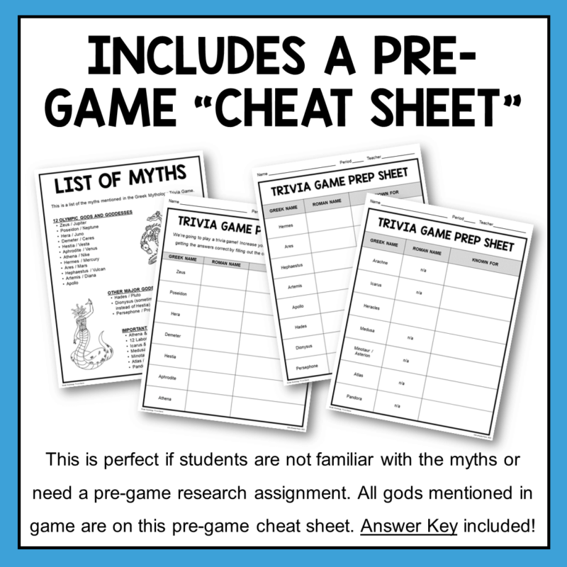 This Greek Mythology Trivia Game includes a pre-game cheat sheet activity.