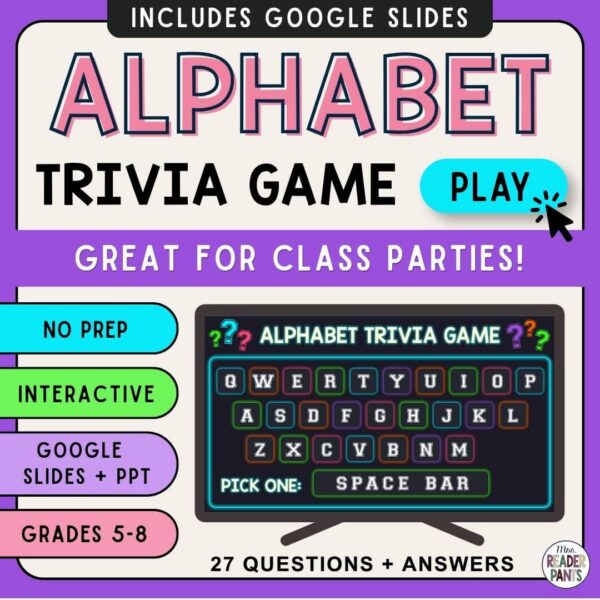 This Alphabet Trivia Game includes fun facts from A to Z! Great for middle school, class parties, and Fun Fridays!
