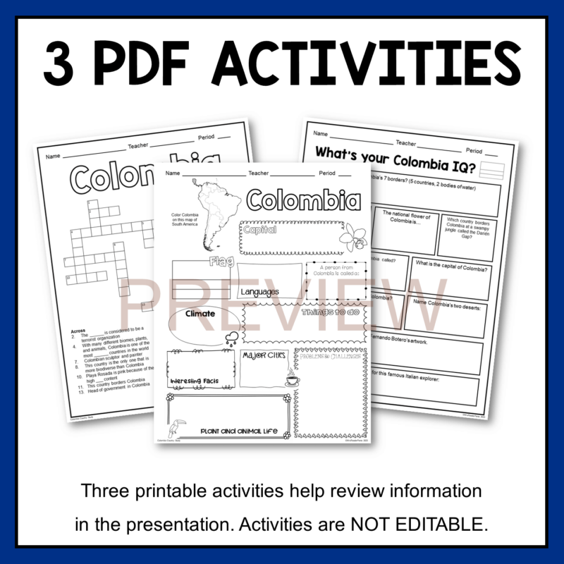 This Colombia Country Study includes three PDF activities.