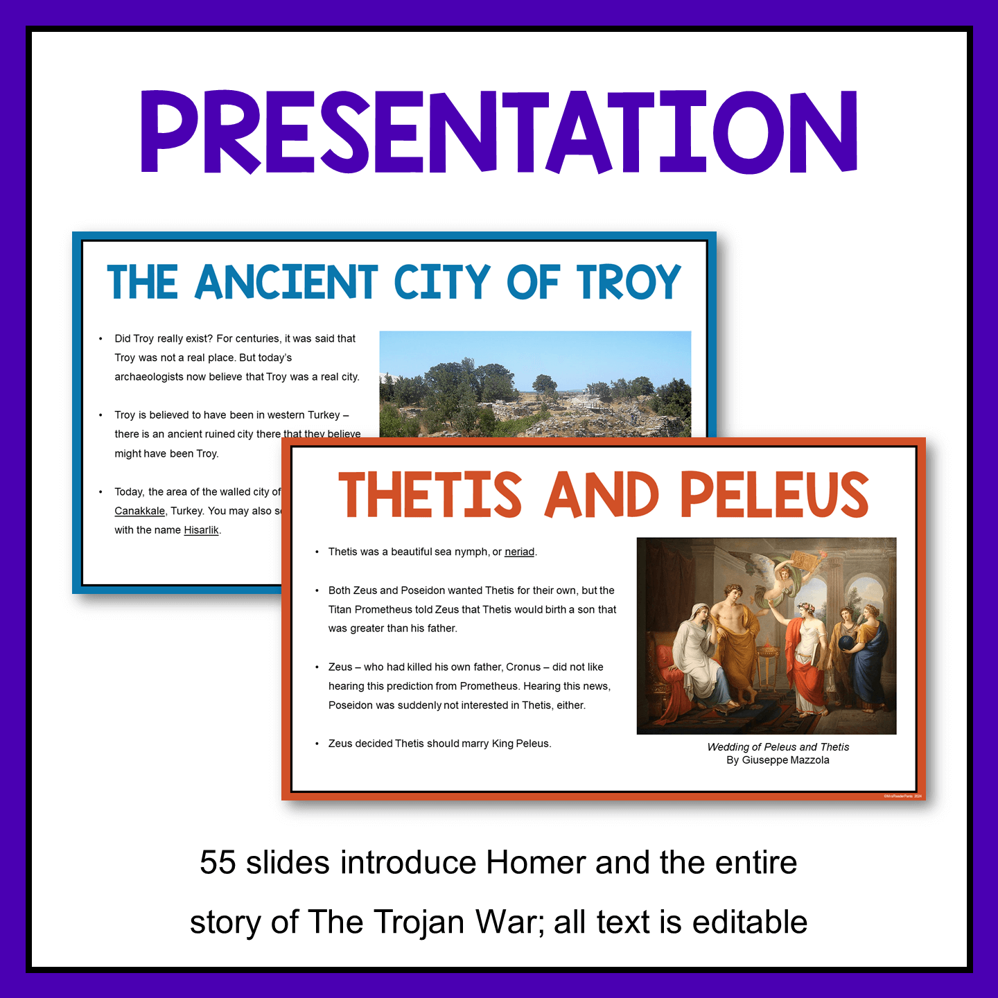 This is a Trojan War Lesson for Grades 8+. It includes a 55-slide presentation and a 4-page study guide (or quiz). Editable.