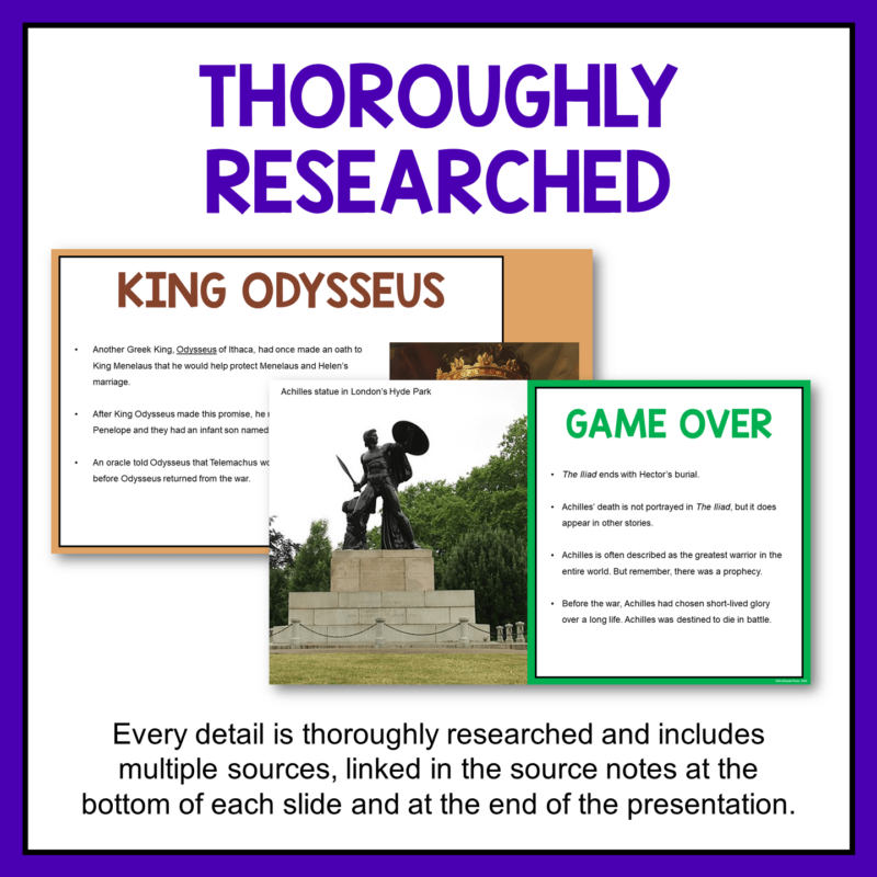 This is a Trojan War Lesson for Grades 8+. It includes a 55-slide presentation and a 4-page study guide (or quiz). Editable.