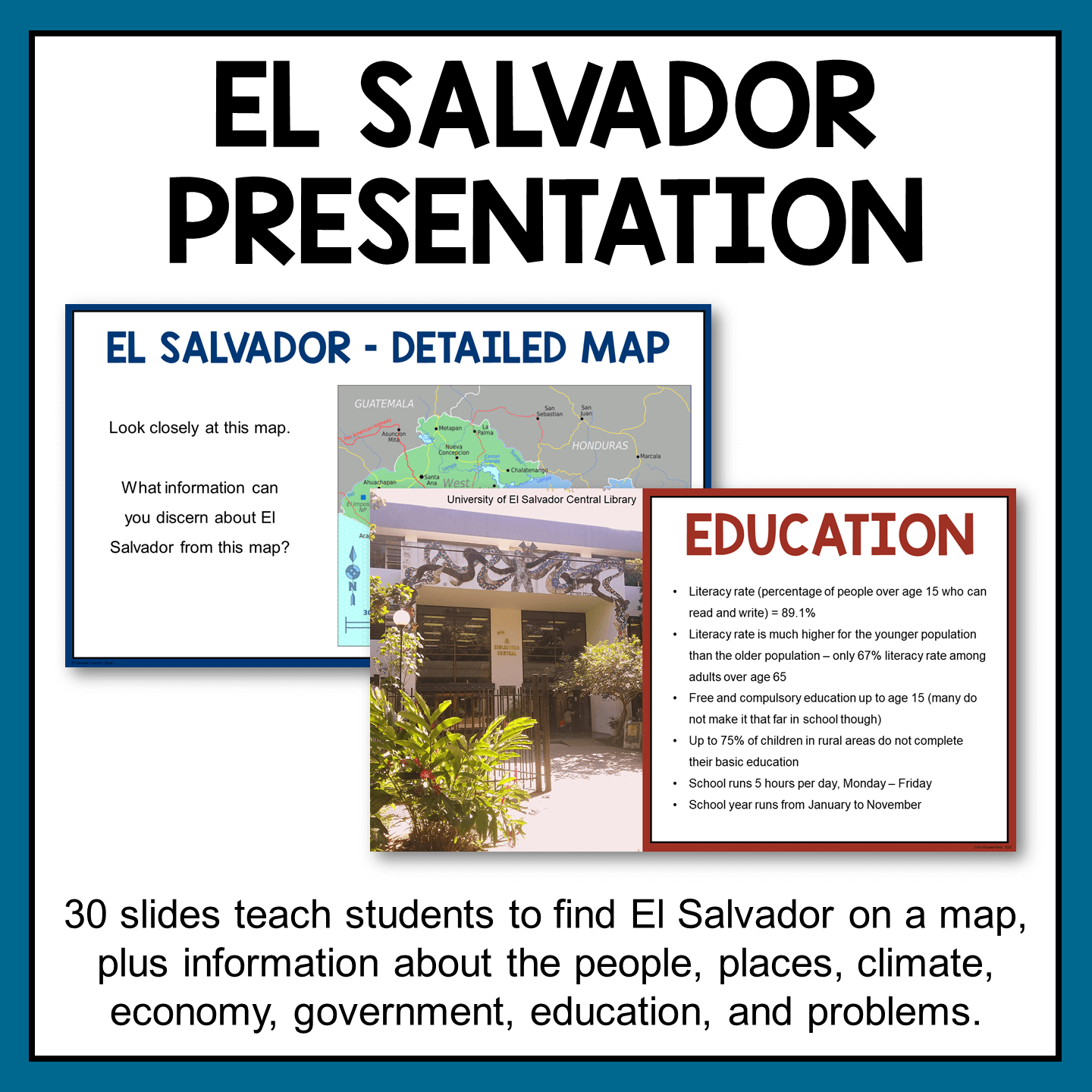 This El Salvador Country Study includes a 30-slide presentation with full-color photos, maps, and facts.