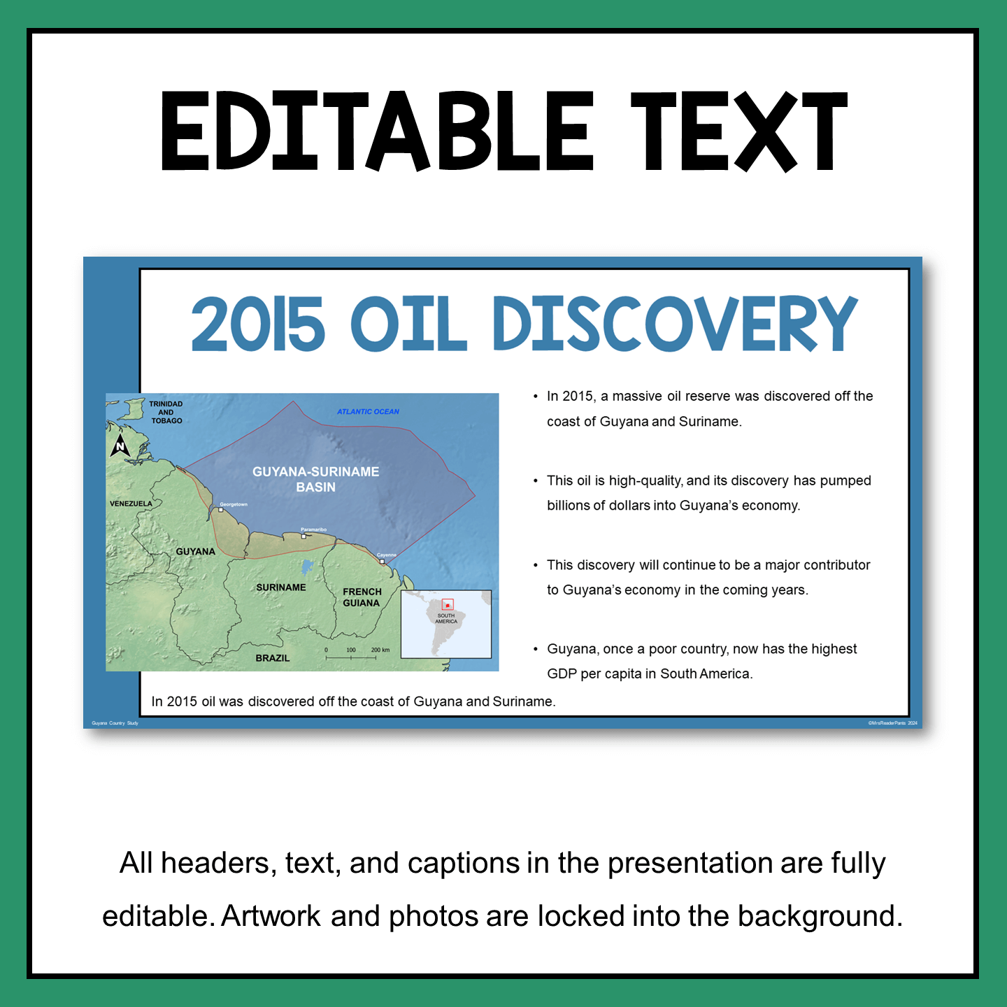 This Guyana Country Study is for students in Grades 6-9. This resource is for World Geography classes and not designed for school libraries. Editable in three formats: PDF, Google Slides, and PowerPoint.