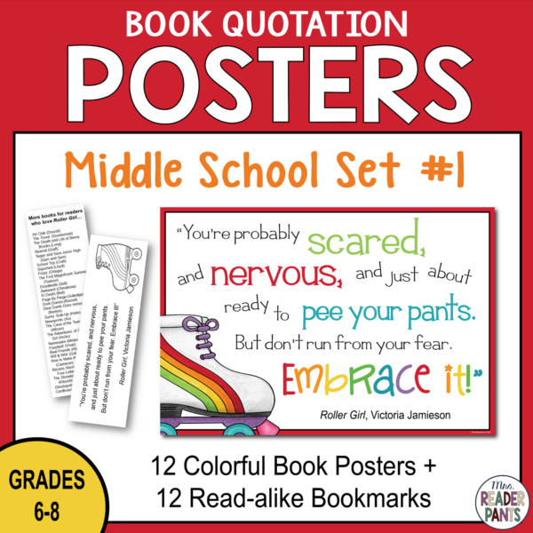 This is a set of 12 Middle School Book Quote Posters. Each of the 12 books includes one colorful poster and one double-sided bookmark.