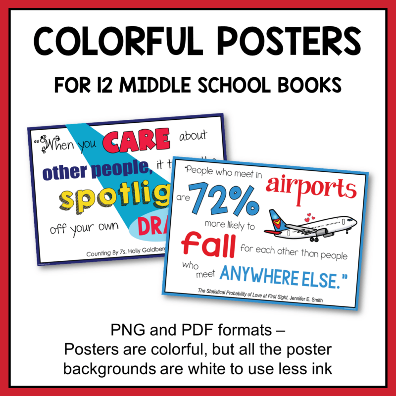 This is a set of 12 Middle School Book Quote Posters. Each of the 12 books includes one colorful poster and one double-sided bookmark.